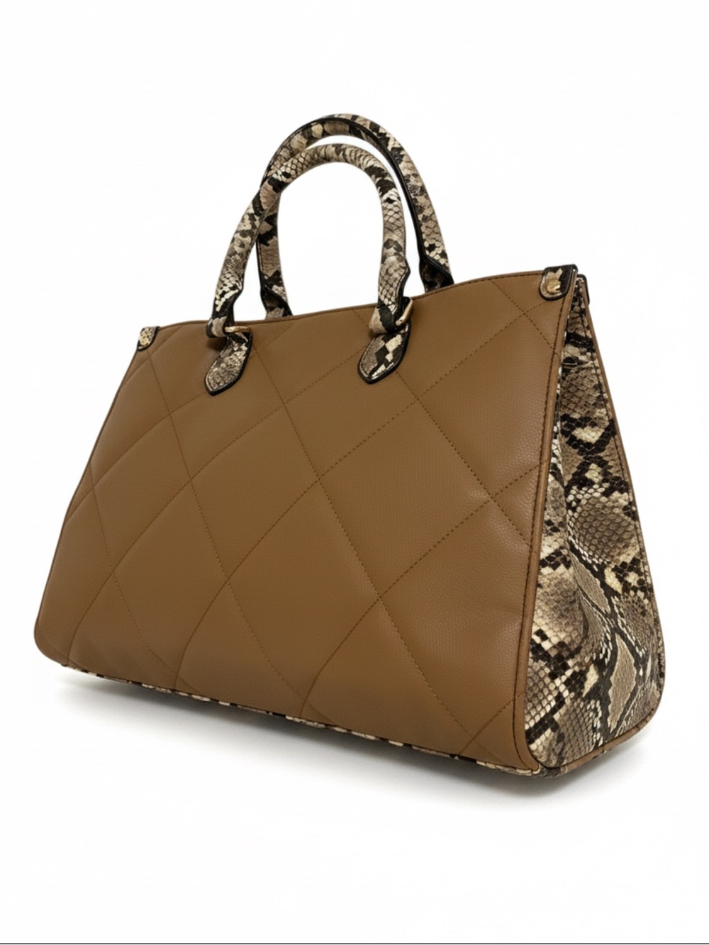 Chico’s Structured Camel and Black Tote Handbag with Snake-Print Trim and Handle